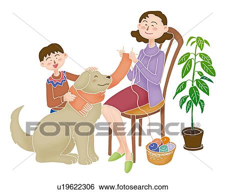 Stock Illustration - Mother and son with a dog, Illustration. Fotosearch