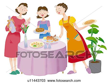 Drawing - Three women having a party, Illustration. Fotosearch