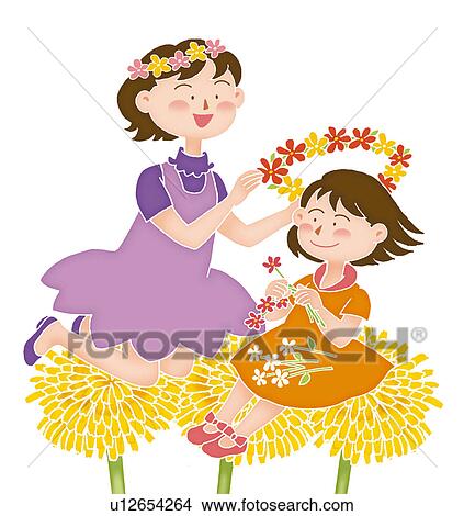 Stock Illustration - Two sisters playing with flowers, Illustration. Fotosearch