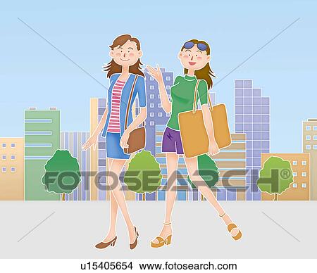 Stock Illustration - Two young women shopping, Illustration. Fotosearch