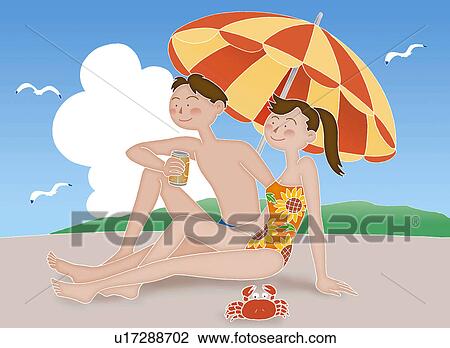 Drawing - Young man and woman at the beach, Illustration. Fotosearch