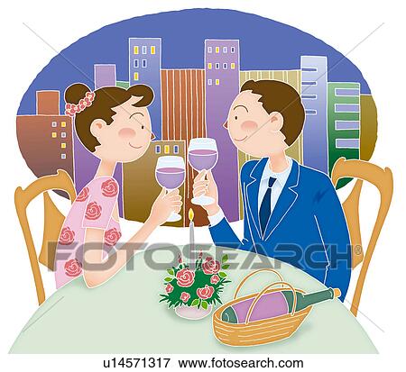 Stock Illustration - Young man and woman at the dinner, Illustration. Fotosearch