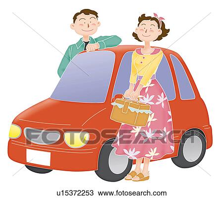 Drawing - Young man and woman going for a drive, Illustration. Fotosearch