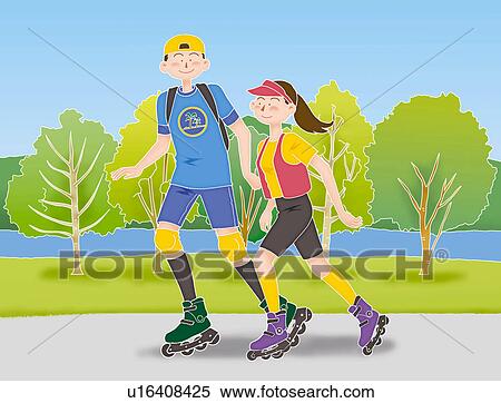 Stock Illustration - Young man and woman inline skating, Illustration. Fotosearch