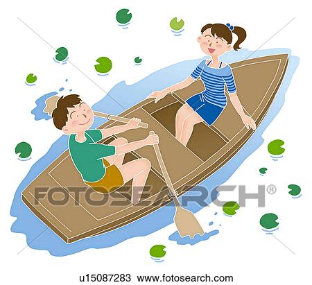 Drawing - Young man and woman on a boat, Illustration. Fotosearch