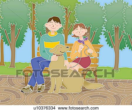Stock Illustration - Young man and woman taking a dog for a walk in the park, Illustration. Fotosearch