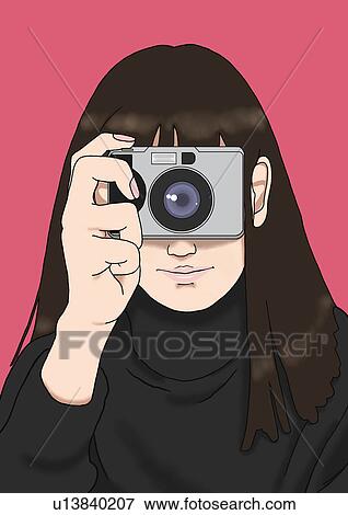 A 若い女性 写真を撮る で A カメラ 肖像画 イラスト イラスト U Fotosearch