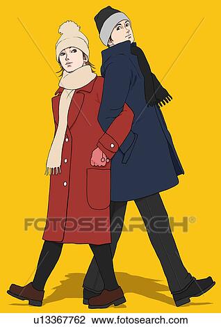 Drawing - A couple dressed warm, Portrait, Illustration. Fotosearch