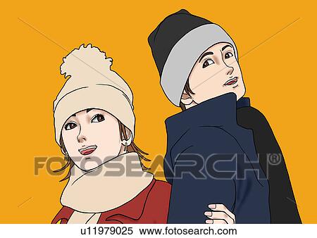 A couple dressed warm, Portrait, Illustration View Large Illustration Stock Illustration - A couple dressed warm, Portrait, Illustration. Fotosearch