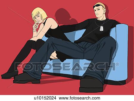 Stock Illustration - A young couple sitting on a sofa, Portrait, Portrait, Illustration, Low Angle View. Fotosearch