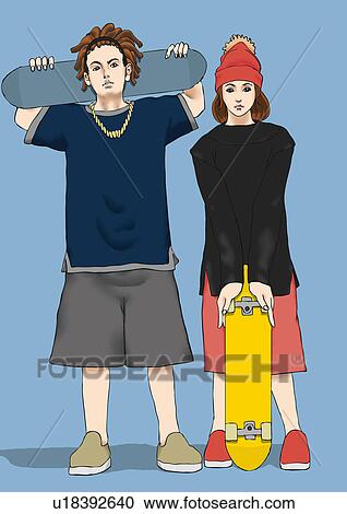 Clipart - A young couple with skateboards, Portrait, Illustration. Fotosearch