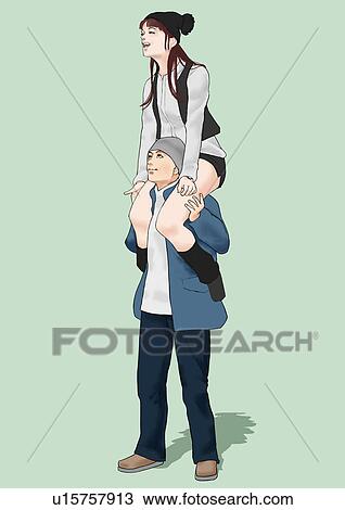 Drawing - A young man carryinng young woman on shoulders, Portrait, Illustration. Fotosearch
