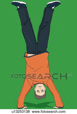 Stock Illustration - A young man doing handstand, Portrait, Illustration. Fotosearch
