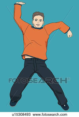 Drawing - A young man jumping, Portrait, Illustration. Fotosearch