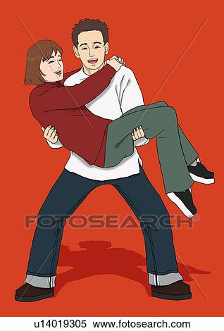 Stock Illustration - A Young man lifting up a woman, Portrait, Illustration. Fotosearch
