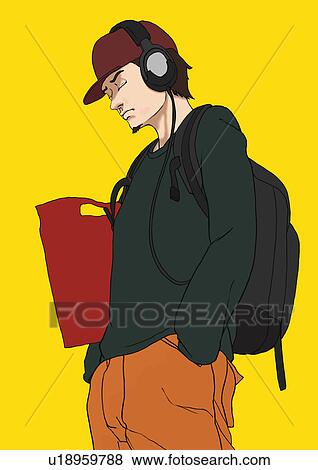 Stock Illustration - A young man listening to music, Portrait, Illustration. Fotosearch