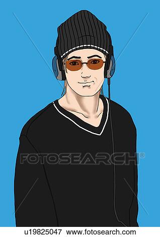 Stock Illustration - A young man listening to music, Portrait, Illustration. Fotosearch