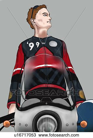 Drawing - A young man on a motorcycle, Portrait, Illustration. Fotosearch