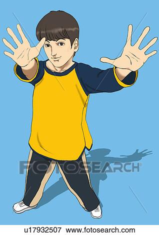 A young man raising hands up, Portrait, Portrait, Illustration, High Angle View View Large Illustration Stock Illustration - A young man raising hands up, Portrait, Portrait, Illustration, High Angle View. Fotosearch