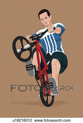 Drawing - A young man riding a BMX, Portrait, Illustration. Fotosearch