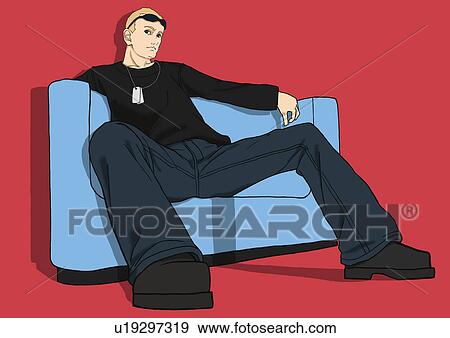 Stock Illustration - A young man sitting on a sofa, Portrait, Portrait, Illustration, Low Angle View. Fotosearch