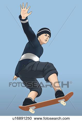 Clipart - A young man skateboarding, Portrait, Illustration. Fotosearch