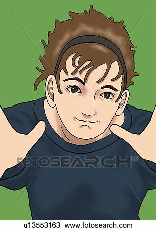 A young man smiling and posing, Portrait, Portrait, Illustration, High Angle View View Large Illustration Drawing - A young man smiling and posing, Portrait, Portrait, Illustration, High Angle View. Fotosearch