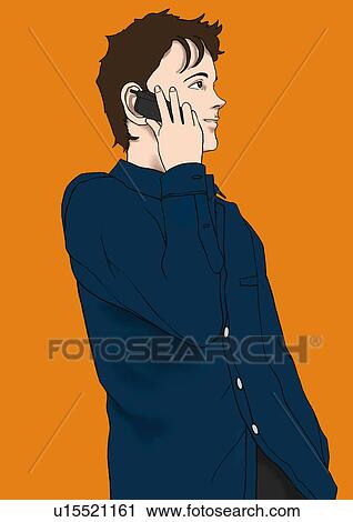 Clip Art - A young man talking on a mobile phone, Portrait, Illustration. Fotosearch