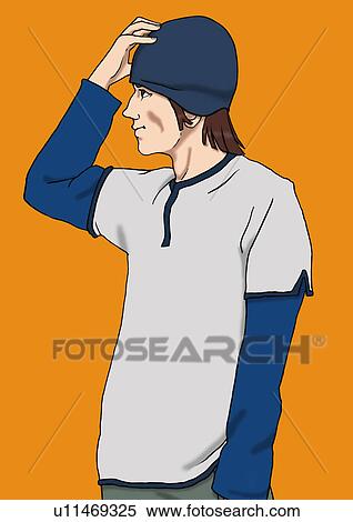 Stock Illustration - A young man with a cap on, Portrait, Illustration. Fotosearch