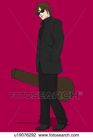 Drawing - A young man with a guitar case, Portrait, Illustration. Fotosearch