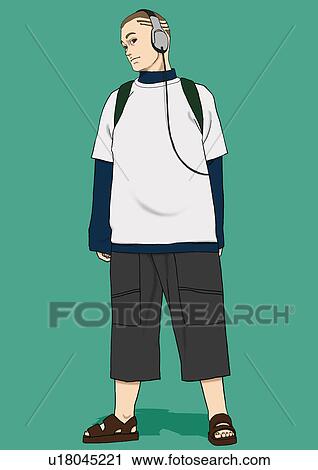 A young man with headphones posing, Portrait, Illustration View Large Illustration Clip Art - A young man with headphones posing, Portrait, Illustration. Fotosearch