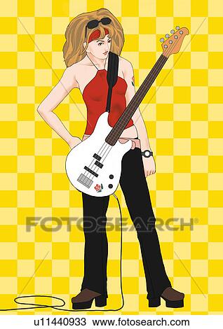 Drawing - A young playing bass, Portrait, Illustration. Fotosearch