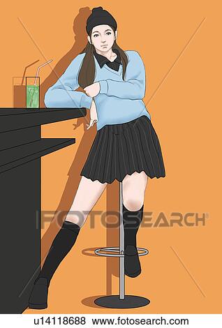 Stock Illustration - A young woman at the bar counter, Portrait, Illustration. Fotosearch