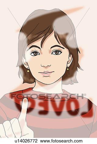 Drawing - A young woman drawing on fogged glass, Portrait, Illustration. Fotosearch