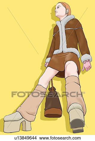 Stock Illustration - A young woman dressed stylish, Portrait, Portrait, Illustration, Low Angle View. Fotosearch