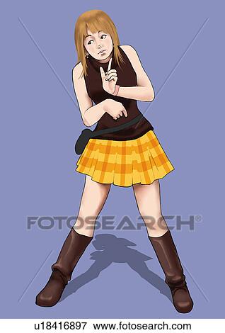 Stock Illustration - A young woman dressed stylish, Portrait, Illustration. Fotosearch