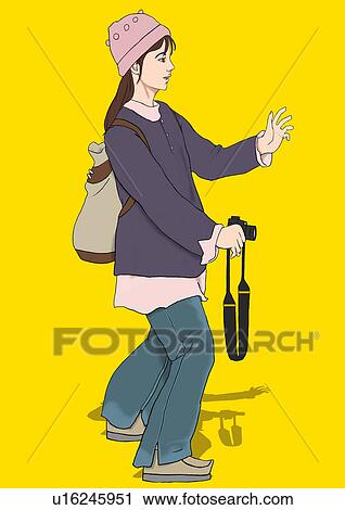 A young woman holding a camera, Portrait, Illustration View Large Illustration Clip Art - A young woman holding a camera, Portrait, Illustration. Fotosearch