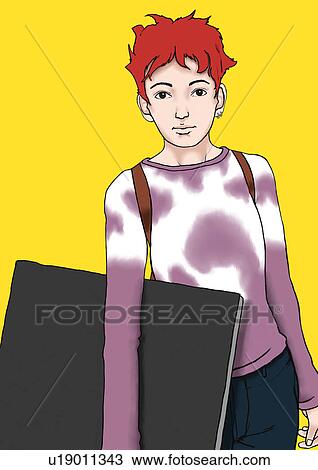Drawing - A young woman holding a panel, Portrait, Illustration. Fotosearch