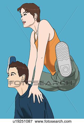 Stock Illustration - A young woman jumping over a man's shoulders, Portrait, Illustration. Fotosearch