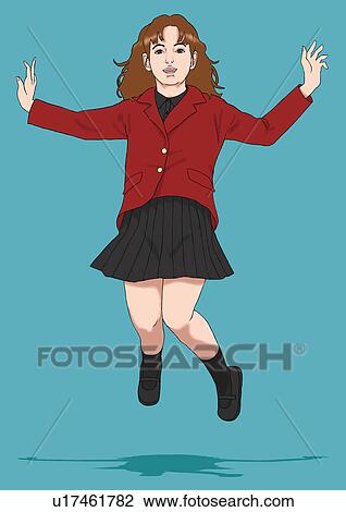 Drawing - A young woman jumping, Portrait, Illustration. Fotosearch