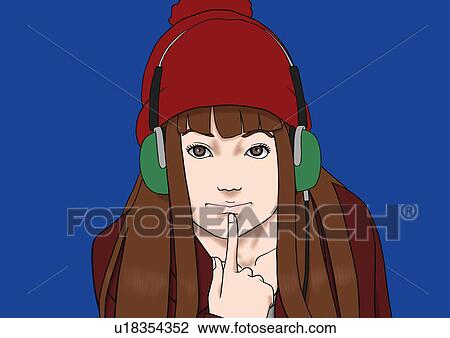 Drawing - A young woman listening to music, Portrait, Illustration. Fotosearch