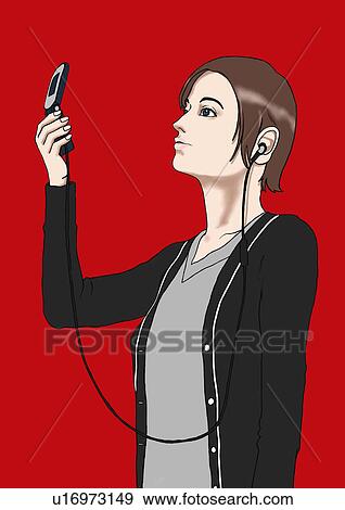 Stock Illustration - A young woman listening to music with mobile phone, Portrait, Illustration. Fotosearch