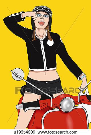 Stock Illustration - a young woman on a scooter, Portrait, Illustration. Fotosearch