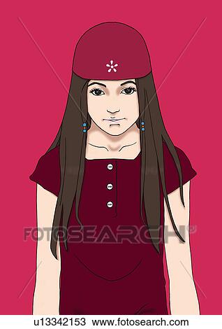 Drawing - A young woman posing, Portrait, Illustration. Fotosearch