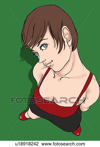 Drawing - A young woman posing, Portrait, Portrait, Illustration, High Angle View. Fotosearch