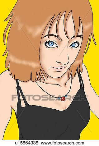 Stock Illustration - A young woman posing, Portrait, Illustration. Fotosearch