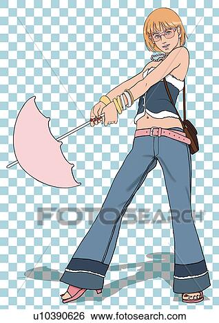 A young woman posing with an umbrella, Portrait, Illustration View Large Illustration Stock Illustration - A young woman posing with an umbrella, Portrait, Illustration. Fotosearch