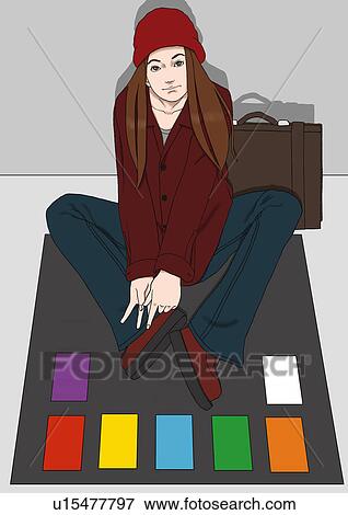 Stock Illustration - A young woman setting up a stall, Portrait, Illustration. Fotosearch