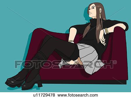 Stock Illustration - A young woman sitting on a sofa, Portrait, Illustration. Fotosearch
