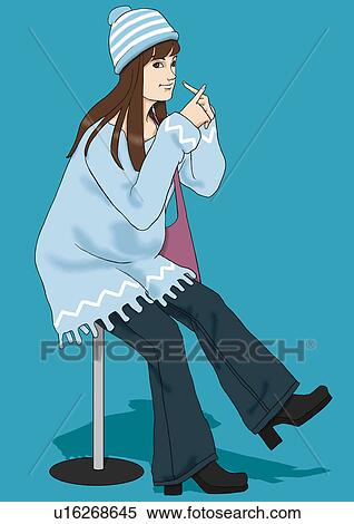 A young woman sitting on a stool, Portrait, Illustration View Large Illustration Stock Illustration - A young woman sitting on a stool, Portrait, Illustration. Fotosearch